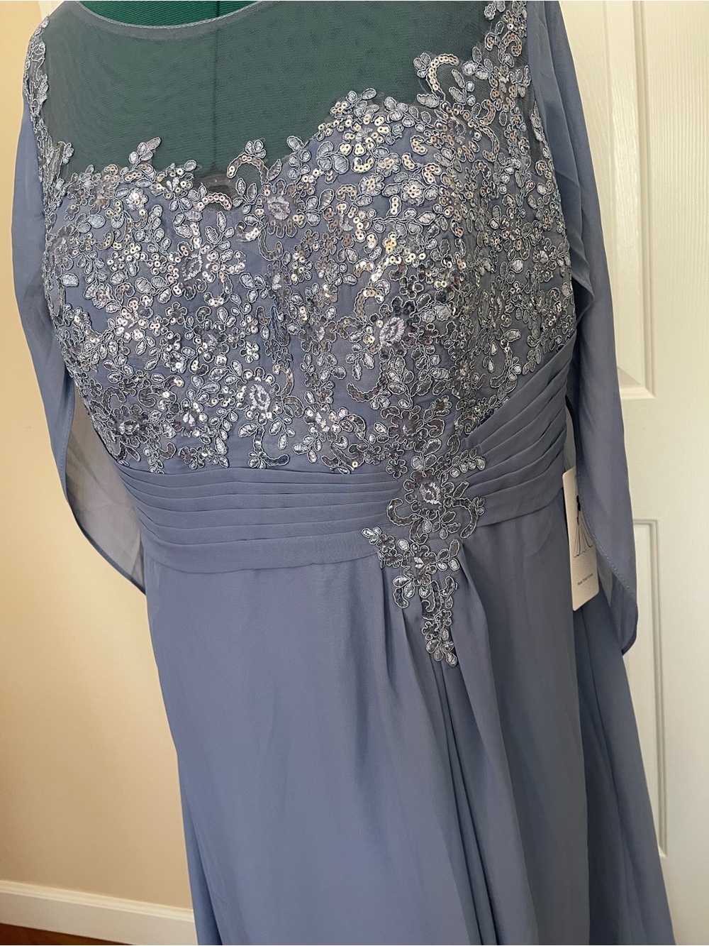 Plus-Size Dusty Blue Embroidered Maxi Dress with Cape Sleeves - Picture 8 of 13